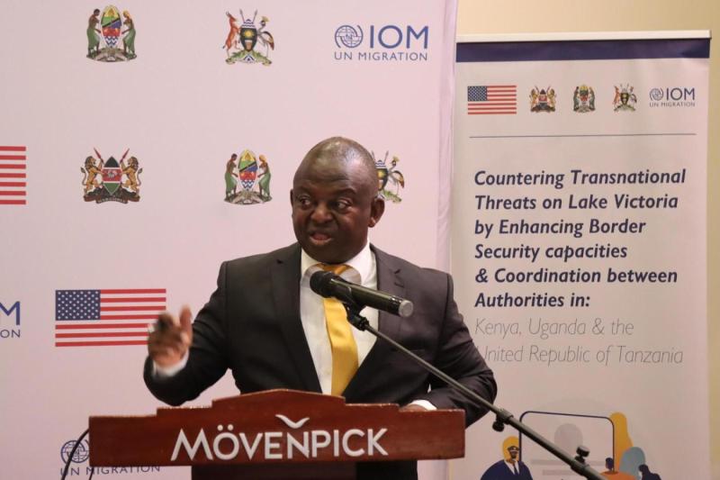 Uganda Immigration Assistant Commissioner Marcellino Bwesigye speaks at the launch in Nairobi.